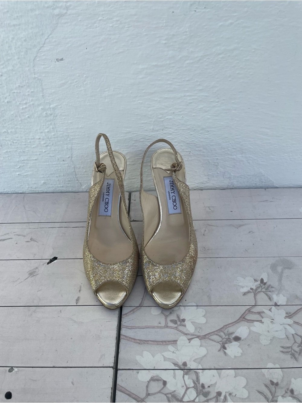 Jimmy Choo Glitter Gold Peep-Toe Slingback Heels